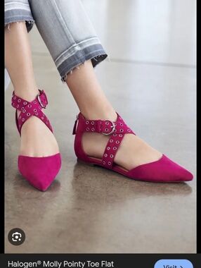 Halogen Suede Pointed Ankle-Strap Flats in Fuchsia.NEW Condition.